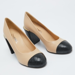 Pre Owned Chanel Beige/Brown Leather Pearl Accents Pumps Size 39.5