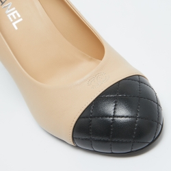 Pre Owned Chanel Beige/Brown Leather Pearl Accents Pumps Size 39.5