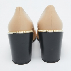 Pre Owned Chanel Beige/Brown Leather Pearl Accents Pumps Size 39.5