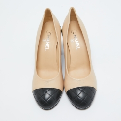 Pre Owned Chanel Beige/Brown Leather Pearl Accents Pumps Size 39.5