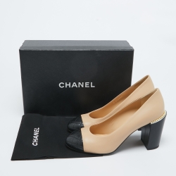 Pre Owned Chanel Beige/Brown Leather Pearl Accents Pumps Size 39.5