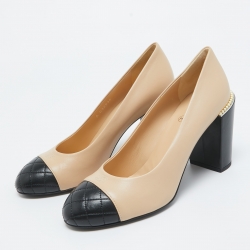 Pre Owned Chanel Beige/Brown Leather Pearl Accents Pumps Size 39.5
