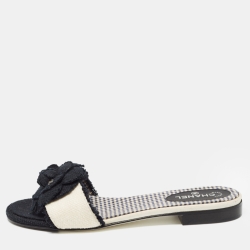 Chanel White/Black Tweed CC Camelia Flat Slides Size 37