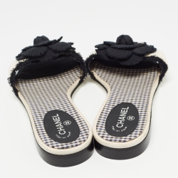 Chanel White/Black Tweed CC Camelia Flat Slides Size 37