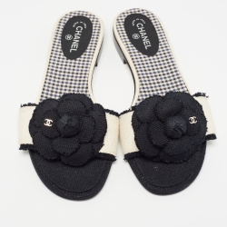 Chanel White/Black Tweed CC Camelia Flat Slides Size 37