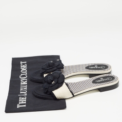 Chanel White/Black Tweed CC Camelia Flat Slides Size 37