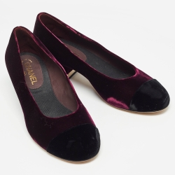 Pre Owned Chanel Burgundy/Black Velvet Block Heel Pumps Size 40