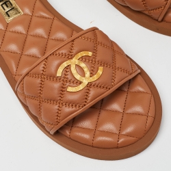 Pre Owned Chanel Tan Quilted Leather CC Logo Flat Slides Size 38   