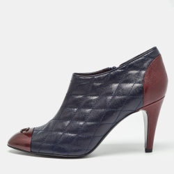 Chanel Blue/Burgundy Leather Interlocking CC Logo Boots Size 38.5