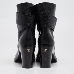 Chanel Black Leather CC Block Heel Ankle Wrap Boots Size 38.5