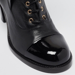 Chanel Black Leather CC Block Heel Ankle Wrap Boots Size 38.5