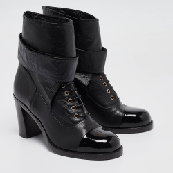 Chanel Black Leather CC Block Heel Ankle Wrap Boots Size 38.5
