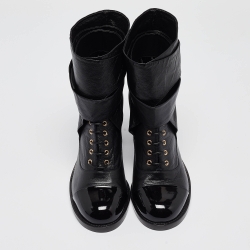 Chanel Black Leather CC Block Heel Ankle Wrap Boots Size 38.5