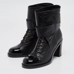 Chanel Black Leather CC Block Heel Ankle Wrap Boots Size 38.5