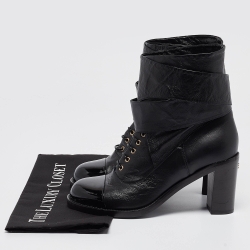 Chanel Black Leather CC Block Heel Ankle Wrap Boots Size 38.5