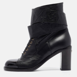 Chanel Black Leather CC Block Heel Ankle Wrap Boots Size 38.5