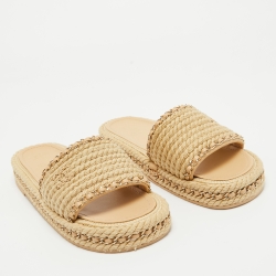 مملوكة مسبقًا Chanel Beige Tweed and Leather Flat Slides Size 39 
