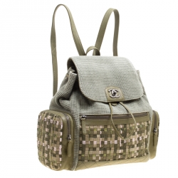 Pre Owned Chanel Khaki Women Canvas and Leather Cuba Pocket Backpack