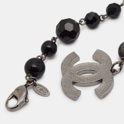 Pre Owned Chanel CC Black Beads Faux Pearl Silver Tone Charm Bracelet 