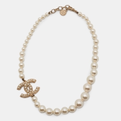 Pre Owned Chanel CC 100th Anniversary Faux Pearl Crystal Gold Tone Necklace