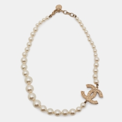 Pre Owned Chanel CC 100th Anniversary Faux Pearl Crystal Gold Tone Necklace