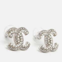 Pre Owned Chanel CC Crystals Faux Pearl Silver Tone Earrings