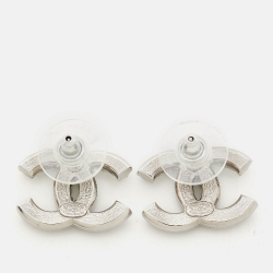 Pre Owned Chanel CC Crystals Faux Pearl Silver Tone Earrings