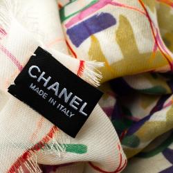 مملوكة مسبقًا وشاح شانيل كشمير كريمي وقطن غواز متعدد الألوان طباعة تجريدية