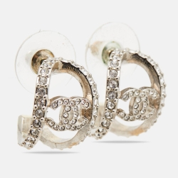 Pre Owned Chanel CC Crystal Silver Tone Huggie Earrings