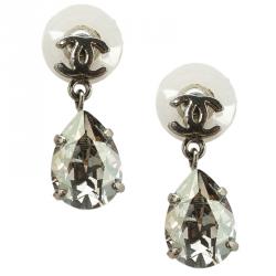 Chanel CC Crystal Silver Tone Teardrop Earrings Chanel | TLC