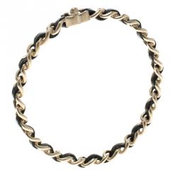 مملوكة مسبقًا سوار شانيل سلسلة لون ذهبي مغزول جلد أسود CC 21 سم