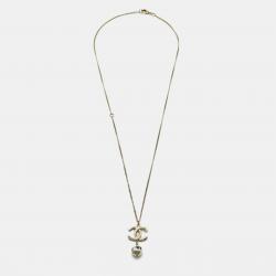 Pre Owned Chanel CC Crystals Faux Pearl Gold Tone Necklace