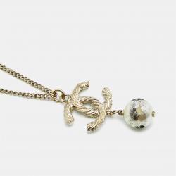 Pre Owned Chanel CC Crystals Faux Pearl Gold Tone Necklace