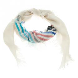 Pre Owned وشاح شانيل ألماس حواف شر اشيب تفاصيل مخططة حرير كشمير بيج فاتح