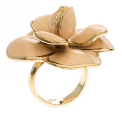Pre Owned Chanel CC Camellia Pink Enamel Gold Tone Cocktail Ring Size 54