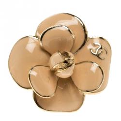 Pre Owned Chanel CC Camellia Pink Enamel Gold Tone Cocktail Ring Size 54