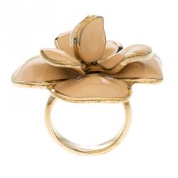 Pre Owned Chanel CC Camellia Pink Enamel Gold Tone Cocktail Ring Size 54