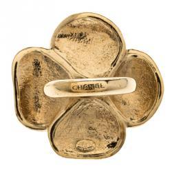 Pre Owned Chanel CC Camellia Pink Enamel Gold Tone Cocktail Ring Size 54