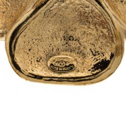 Pre Owned Chanel CC Camellia Pink Enamel Gold Tone Cocktail Ring Size 54