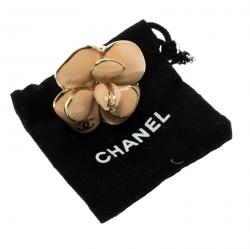 Pre Owned Chanel CC Camellia Pink Enamel Gold Tone Cocktail Ring Size 54