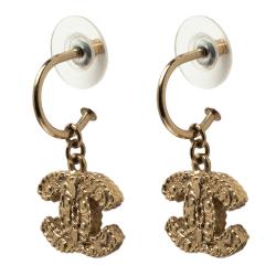 Pre Owned Chanel CC Textured Gold Tone Drop Earrings