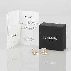 Pre Owned Chanel CC Camellia Pink Flower Gold Tone Drop Earrings