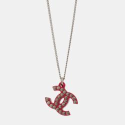 Pre Owned Chanel CC Acrylic Silver Red Chain Pendant Necklace