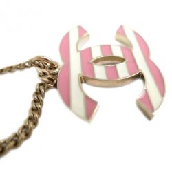 مملوكة مسبقًا Chanel CC Logo Pink and White Stripes Large Pendant Necklace