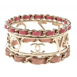 Chanel Coco Votez Pink and Peach Leather Gold Tone Cuff Bracelet