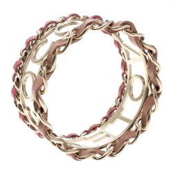 Chanel Coco Votez Pink and Peach Leather Gold Tone Cuff Bracelet