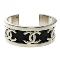 Pre Owned Chanel CC Black Leather Silver Tone Open Cuff Bracelet