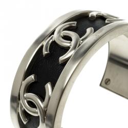 Pre Owned Chanel CC Black Leather Silver Tone Open Cuff Bracelet