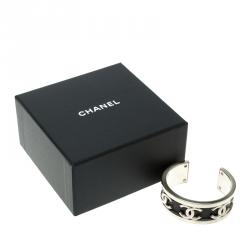 Pre Owned Chanel CC Black Leather Silver Tone Open Cuff Bracelet