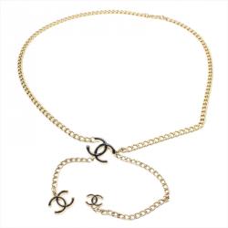 Pre Owned حزام سلسلة شانيل لون ذهبي CC ايناميل أسود
